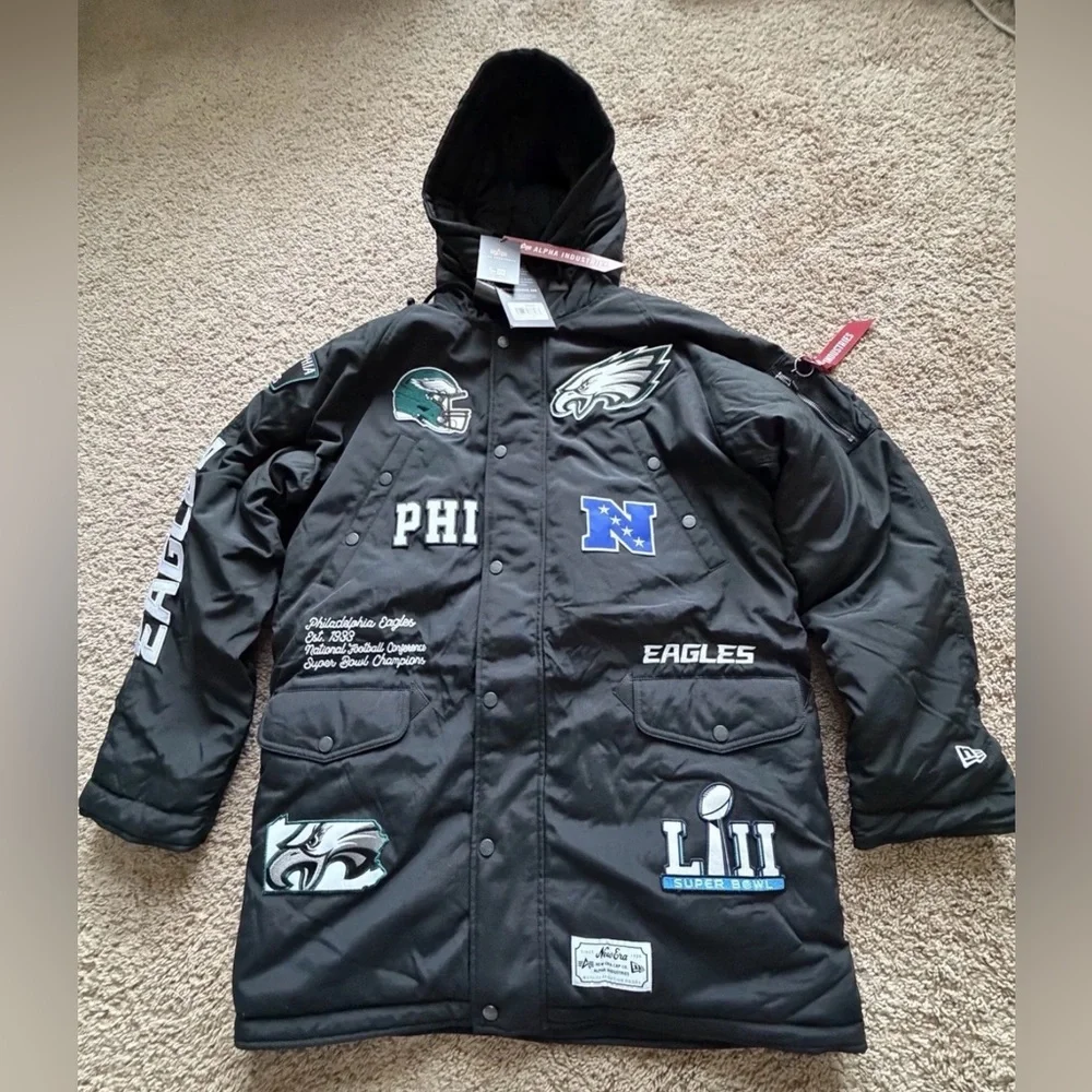 New Era x Alpha Industries Philadelphia Eagles Parka Mens Black Coat Sz xl - Picture 1 of 4